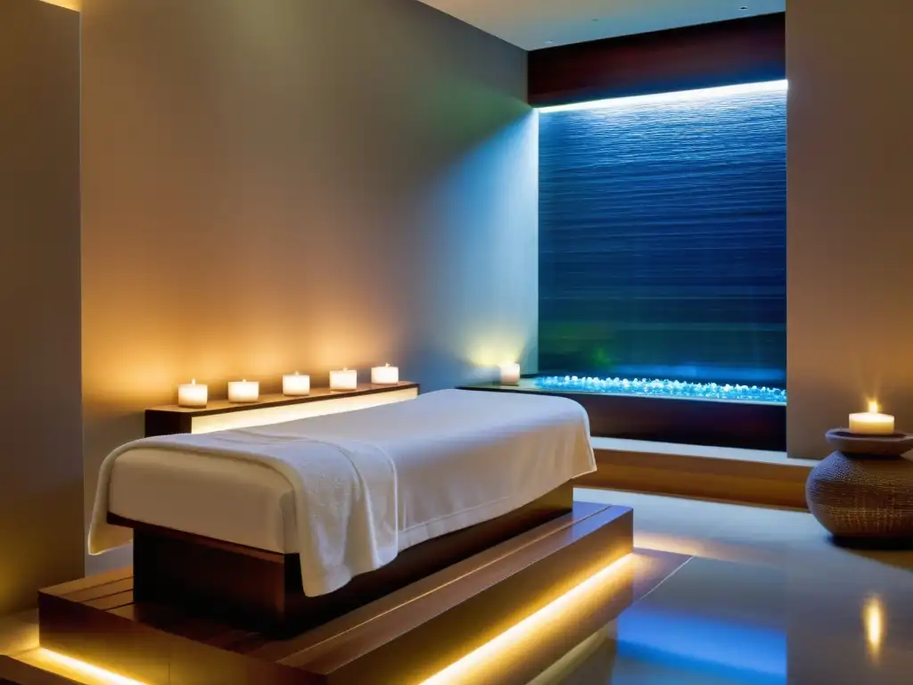 Habitación de spa moderna y serena con una gran característica de agua, iluminación ambiental y toallas mullidas