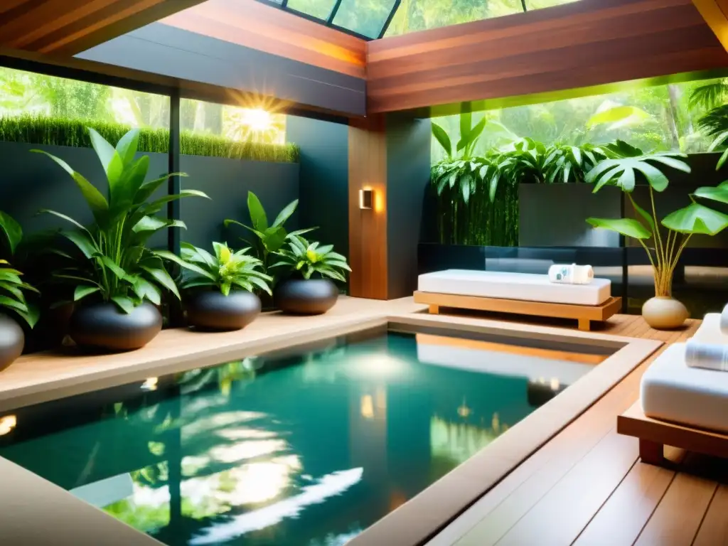 Spa moderno: oasis de relajación con agua cristalina y tecnología UVC Spa moderno con agua cristalina, tecnología UVC para mejorar calidad agua, ambiente sereno entre exuberante vegetación