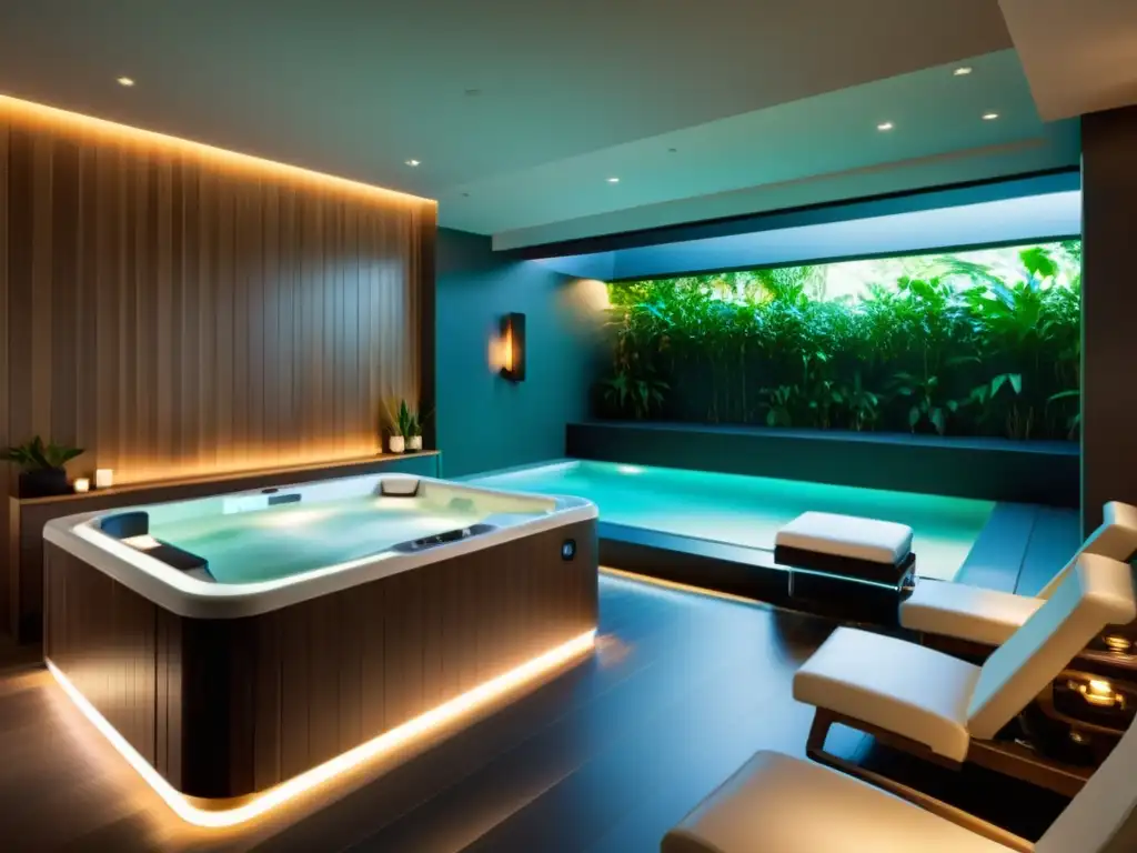Spa de lujo con jacuzzi, sala de vapor y silla de masaje moderna Spa moderno y lujoso con hidroterapia de vanguardia y jacuzzi espacioso con iluminación LED