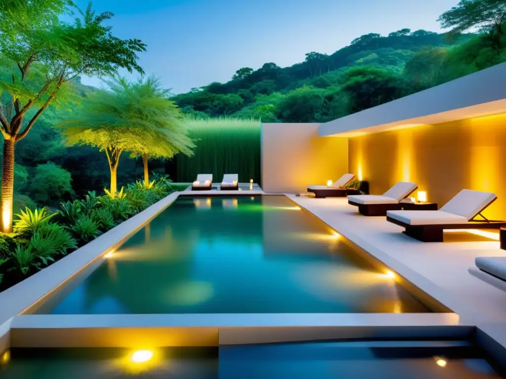 Spa moderno con piscina infinita y paisaje natural para programas de hidroterapia para vitalidad