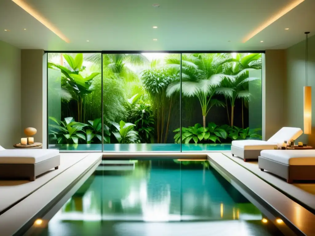 Un spa moderno y sereno con una gran piscina de hidroterapia rodeada de vegetación exuberante