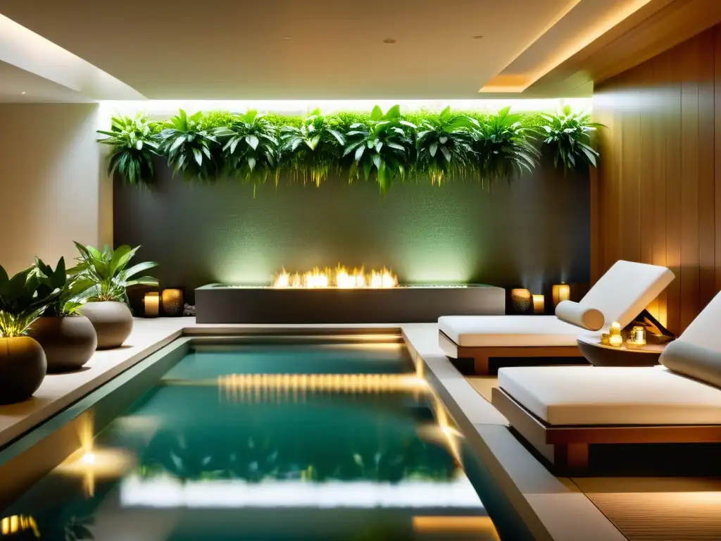 Oasis de serenidad: spa moderno y elegante Un spa moderno y sereno con diseño minimalista, iluminación suave y zona de relajación tranquila con cascada y vegetación exuberante