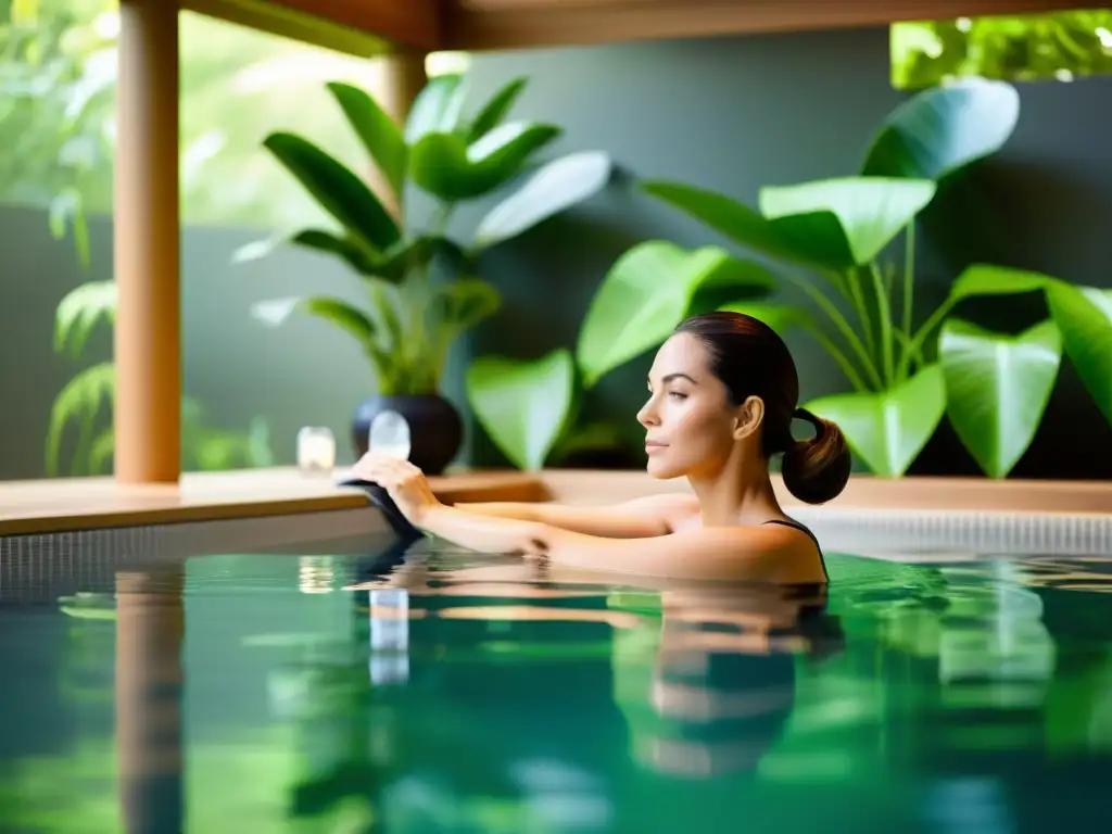 Entrenamiento acuático en spa: relajación y modernidad Un spa sereno con piscina cristalina rodeada de vegetación y equipo moderno para ejercicios fitness acuático