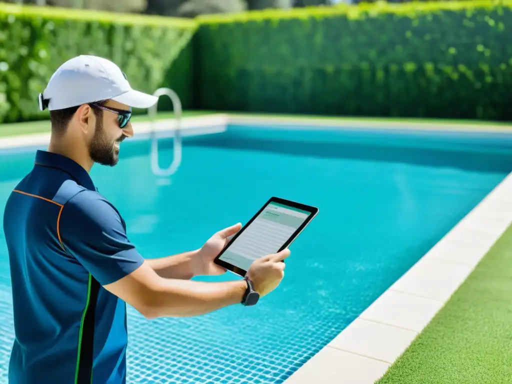 Un técnico de piscinas realiza pruebas de balance químico en una piscina cristalina