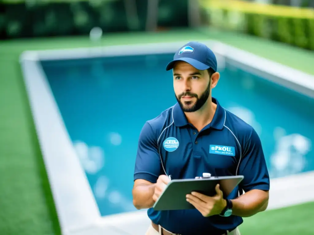 Técnico de piscinas profesional inspeccionando y explicando reparaciones Un técnico profesional inspecciona una piscina, señalando una grieta en el borde