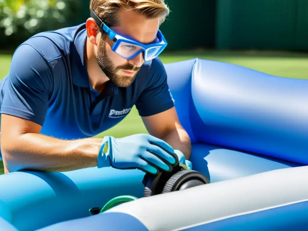 Inspección detallada del sistema de filtración de piscina inflable Un técnico profesional inspecciona con precisión la filtración de una piscina inflable, resaltando la importancia del mantenimiento para una filtración limpia