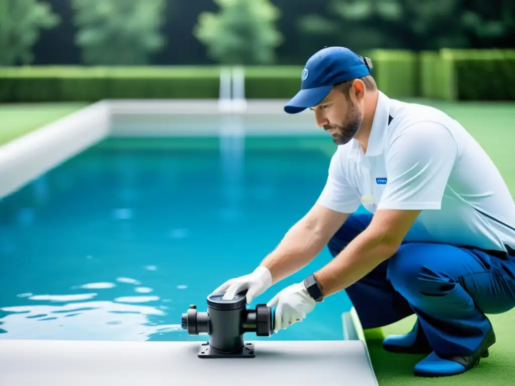 Instalación profesional de sistema UV para piscinas Un técnico profesional instala un sistema de desinfección alternativa para piscinas saludables, creando un ambiente sereno y acogedor