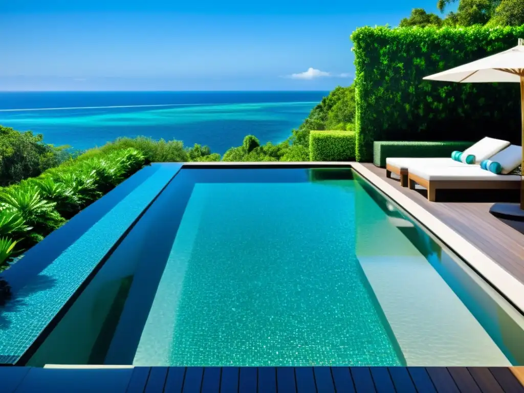 Piscina infinita de lujo con mosaicos iridiscentes en tonos azules y verdes Tendencias en acabados de piscinas: una lujosa piscina infinita con mosaicos iridiscentes en tonos azules y verdes, rodeada de un elegante diseño moderno y exuberante paisajismo tropical