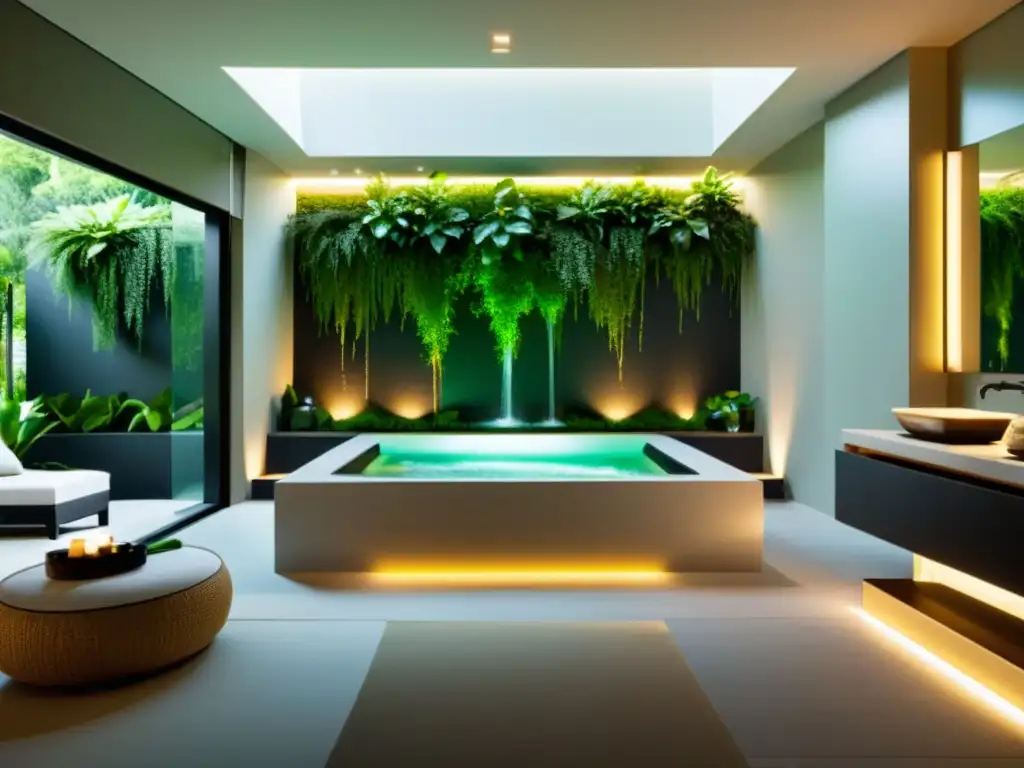 Spa de lujo con jacuzzi y vista panorámica Tendencias innovadoras en spas para hogar: lujoso spa moderno con jacuzzi espacioso, iluminación ambiental, cascada y vegetación exuberante