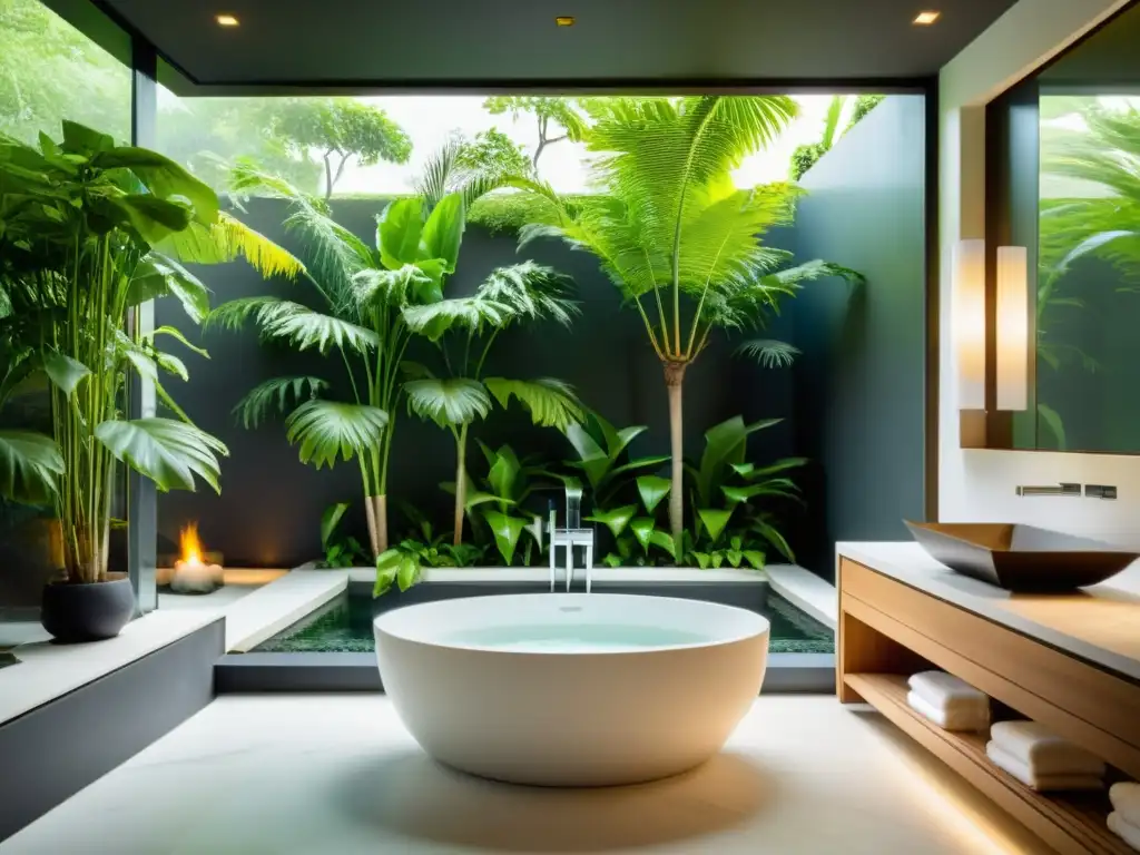 Spa de lujo con bañera de mármol blanco y exuberante vegetación Disfruta de las tendencias innovadoras en spas para hogar con un lujoso spa moderno, bañera de mármol, vegetación exuberante y una iluminación suave
