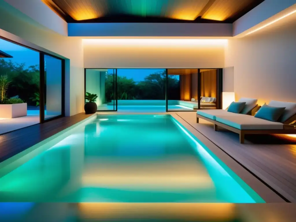 Terapéutica piscina con iluminación vibrante LED, reflejando colores relajantes