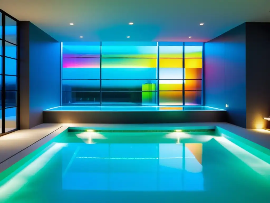 Terapia en piscina con iluminación LED cambiantes, rodeada de arquitectura contemporánea y luz natural