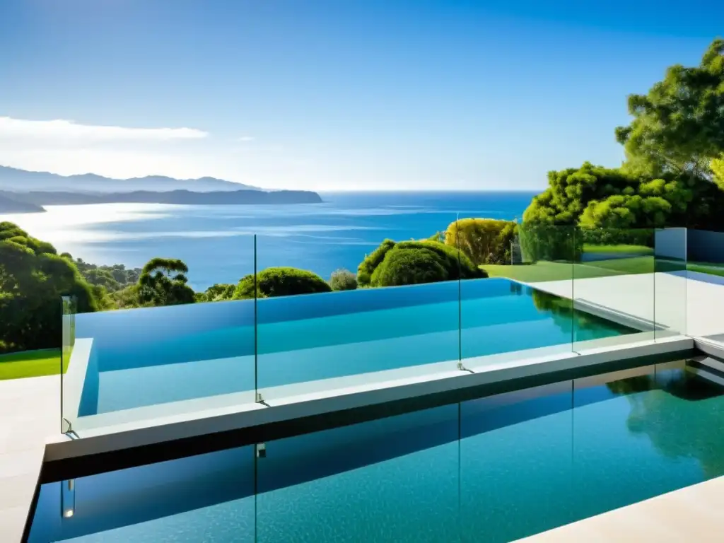 Piscina de lujo con valla de vidrio elegante y moderna Valla de vidrio moderna rodeando una lujosa piscina, con reflejos del sol en el agua