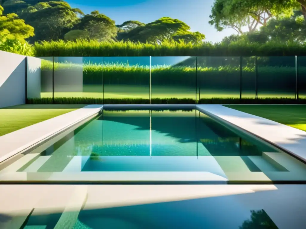 Valla de vidrio elegante para piscina: privacidad y estilo Vallas y pantallas para piscinas: una elegante valla de cristal rodea una lujosa piscina, con patrones de luz reflejados en el suelo