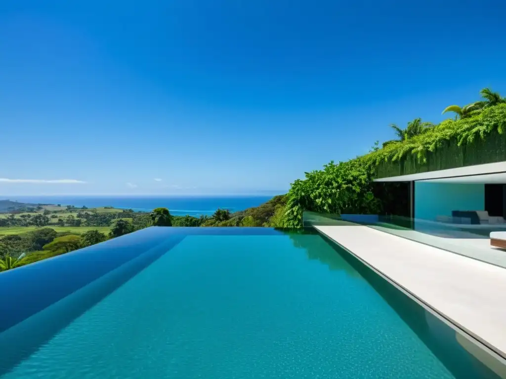 Valla de vidrio para piscina: elegancia y seguridad en un entorno lujoso Vallas y pantallas para piscinas: moderno y elegante cercado de vidrio rodea una lujosa piscina infinita con agua cristalina que refleja la exuberante vegetación y el cielo azul
