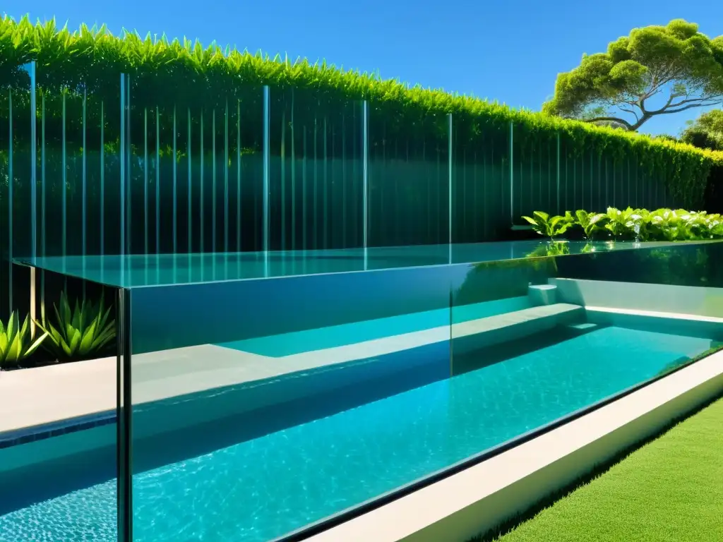 Valla de vidrio transparente: lujo moderno y privacidad Vallas y pantallas para piscinas: piscina de lujo con valla de cristal transparente, reflejando el entorno verde y cielo azul