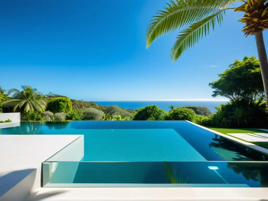 Valla de vidrio para piscina: elegancia y claridad Vallas y pantallas para piscinas: Valla de vidrio moderna rodeando una lujosa piscina, reflejando palmeras y cielo azul