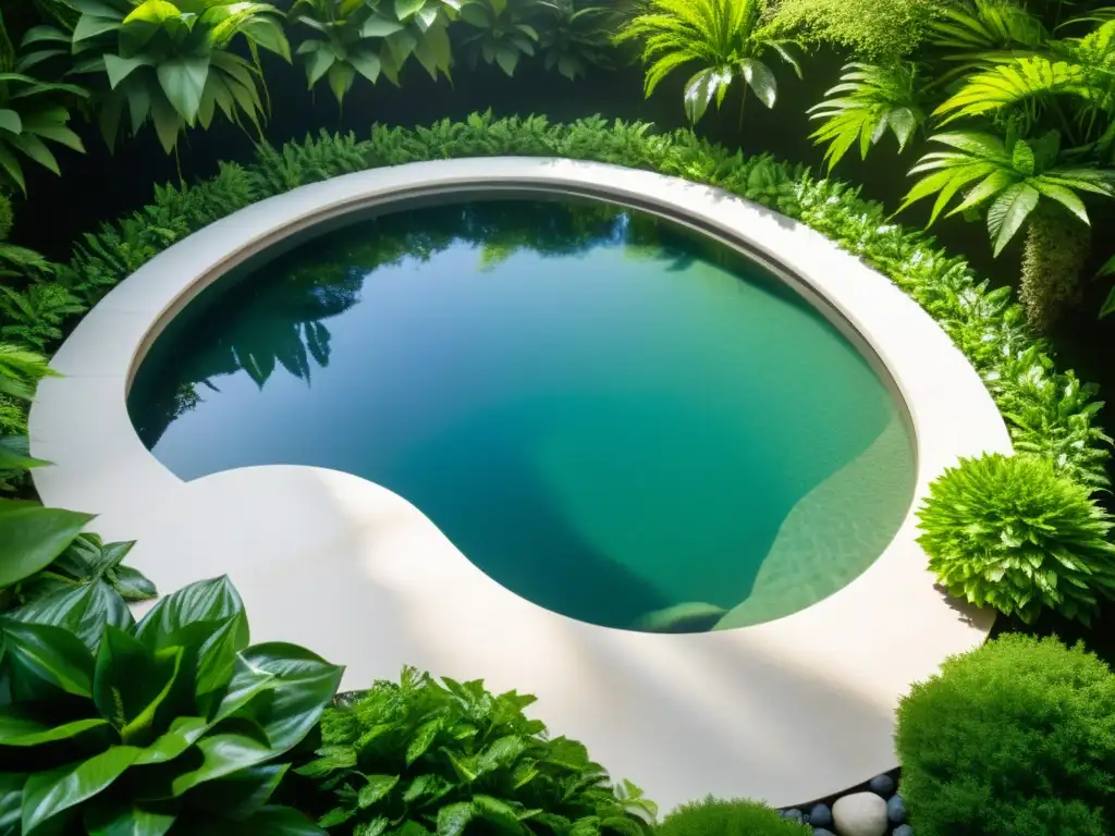 Piscina ecológica: oasis de frescura entre la naturaleza Filtración verde para piscinas y spas: piscina cristalina rodeada de exuberante vegetación, con patrones de luz solar danzando en el agua