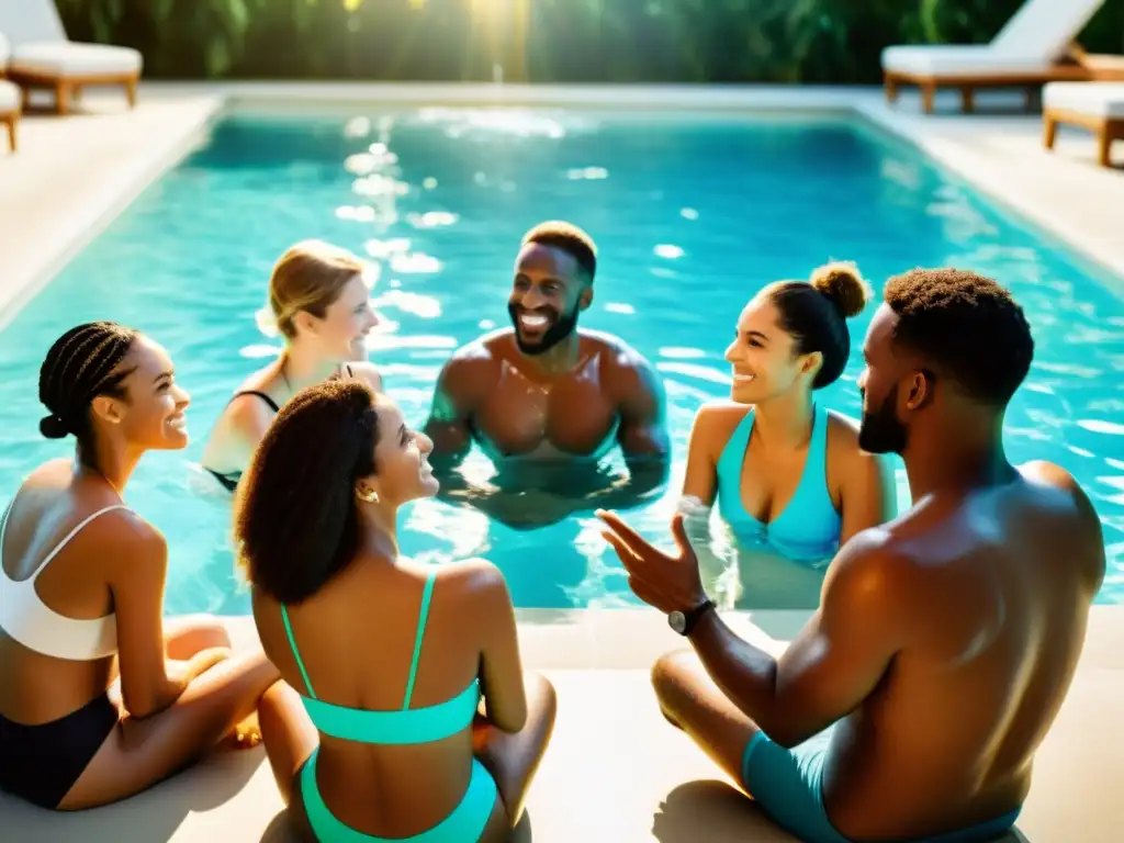 Vibrante charla sobre piscinas en un escenario paradisíaco Vibrante discusión sobre piscinas junto a la piscina en un hermoso día, con los mejores hilos de discusión sobre piscinas web
