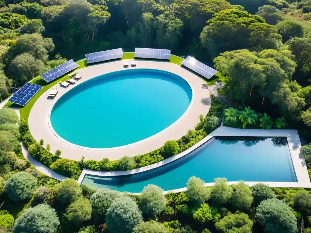 Exuberante piscina ecológica: lujo sostenible en armonía con la naturaleza Vista aérea de una lujosa piscina ecológica rodeada de vegetación nativa, con paneles solares y agua cristalina reflejando el cielo azul