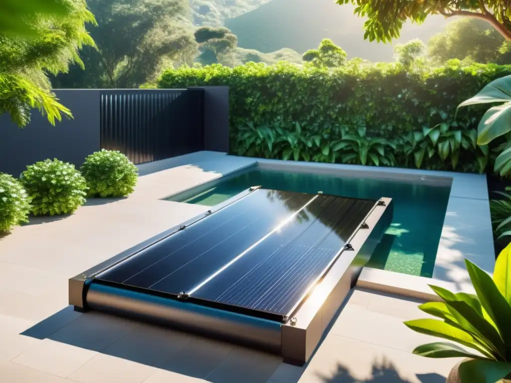Calentador de piscina solar: elegancia moderna bajo el sol Vista idílica de calentador solar para piscina con paneles negros en contraste con el agua cristalina y vegetación exuberante