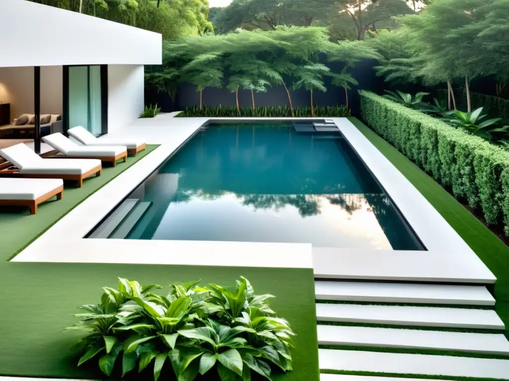 Vista de lujo de un jardín moderno con piscina y spa, integrando elementos de agua en diseño contemporáneo