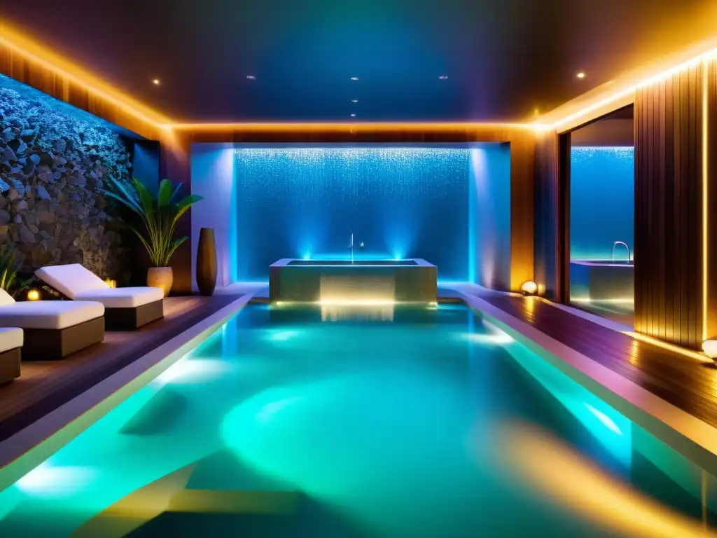 Espectacular spa de lujo con luces LED subacuáticas Vista nocturna de un lujoso spa con iluminación subacuática para spas, creando un ambiente tranquilo y relajante con luces LED vibrantes