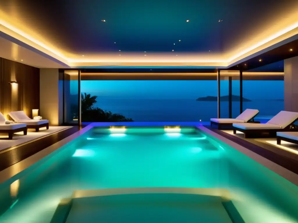 Spa de lujo: Piscina nocturna con luces LED subacuáticas Vista nocturna de un lujoso spa con iluminación subacuática para spas, creando un ambiente tranquilo y cautivador en el agua cristalina
